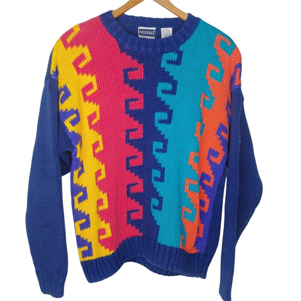Vintage 90's Nuovo County Seat Woman Small Geometric Sweater Pullover Pink Blue